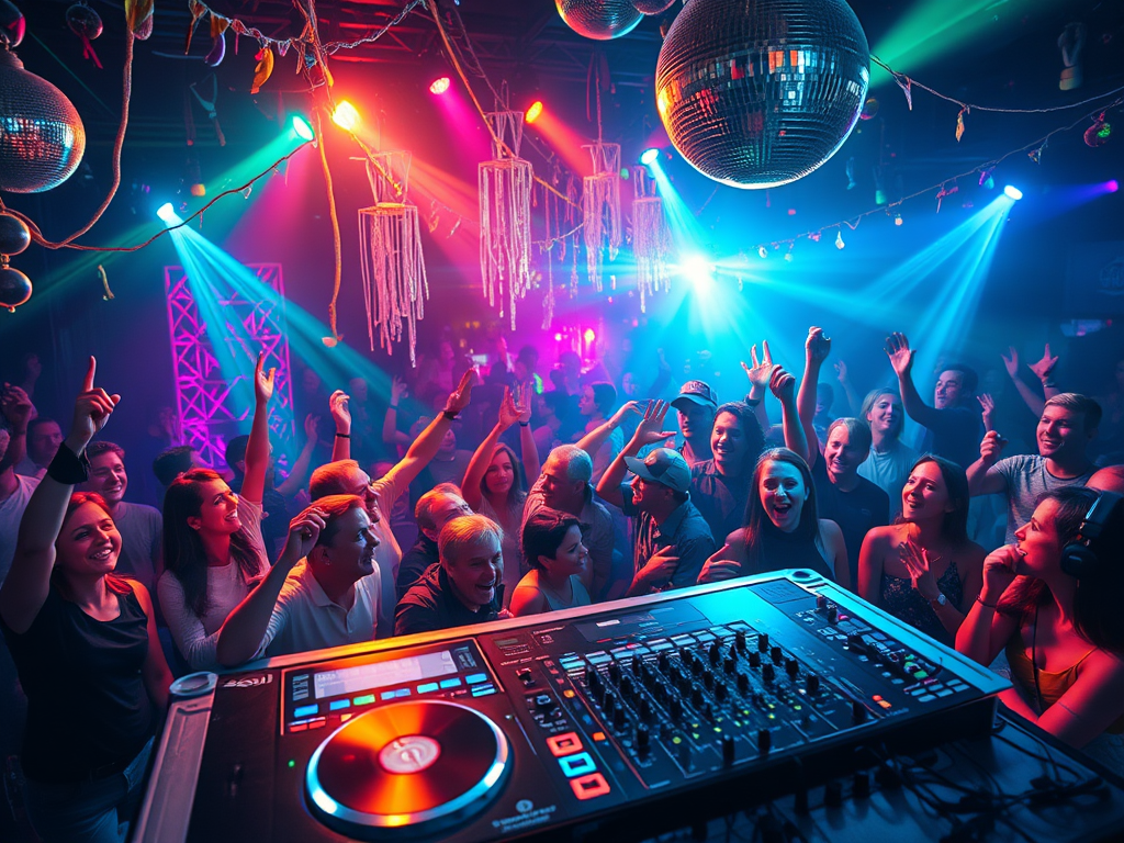 Eine lebhafte Party-Szene mit einer Gruppe von Menschen, die fröhlich tanzen und feiern, während bunte Lichter und Disco-Kugeln den Raum erhellen. Im Vordergrund ist ein DJ-Pult zu sehen.